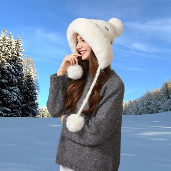 Women’s Cream White Peruvian Winter Beanie: Fleece Lined, Ponytail Cut, 3 Pompoms, Warm Ear Flap Ski Hat