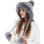 Women's Gray Knit Winter Ponytail Beanie Sherpa Lined Ear Flap Ski Hat with 3 Pompoms