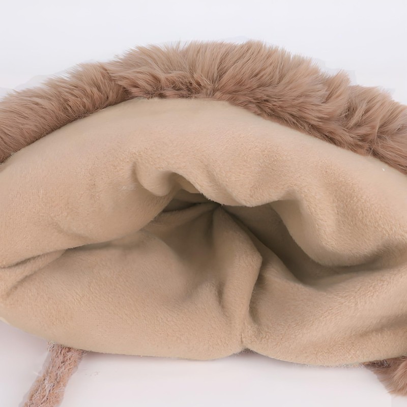 Women's Khaki Winter Ponytail Beanie with Ear Flaps and 3 Pompoms