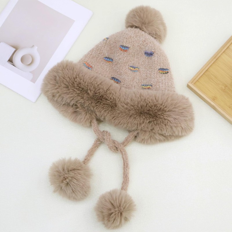 Women's Khaki Winter Ponytail Beanie with Ear Flaps and 3 Pompoms