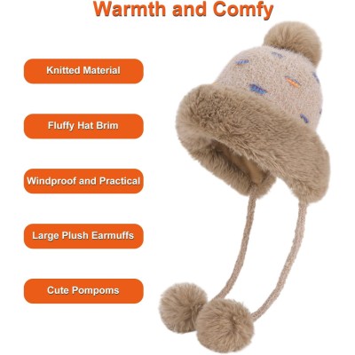 Women's Khaki Winter Ponytail Beanie with Ear Flaps and 3 Pompoms