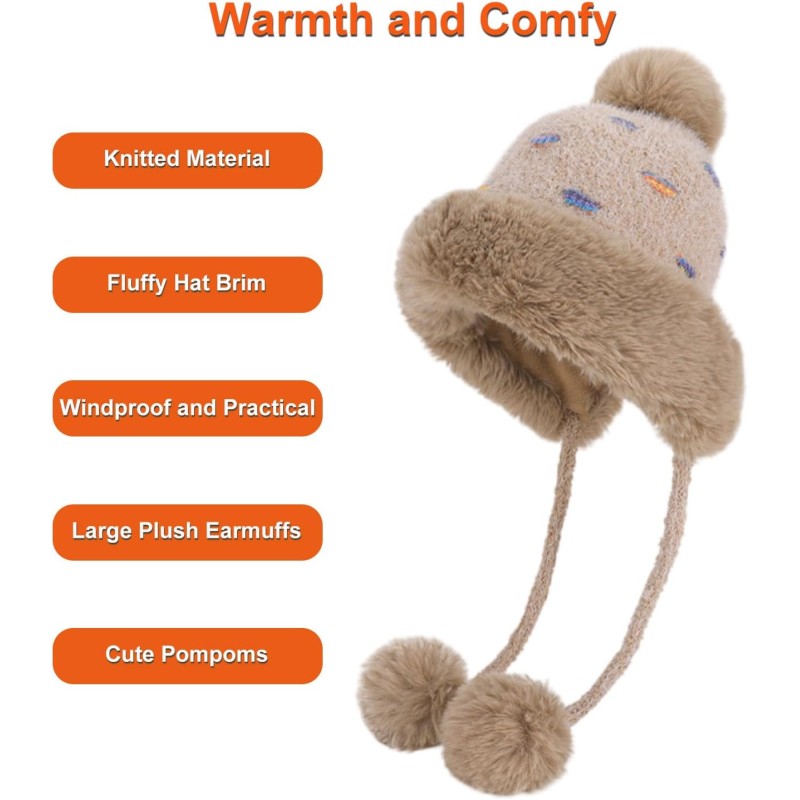 Women's Khaki Winter Ponytail Beanie with Ear Flaps and 3 Pompoms