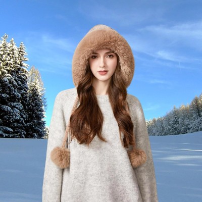Women's Khaki Winter Ponytail Beanie with Ear Flaps and 3 Pompoms