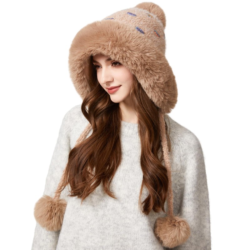 Women's Khaki Winter Ponytail Beanie with Ear Flaps and 3 Pompoms