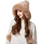 Women's Winter Ponytail Beanie Hat Fleece Lined Ear Flap 3-Pompom Khaki Ski Snow Cap