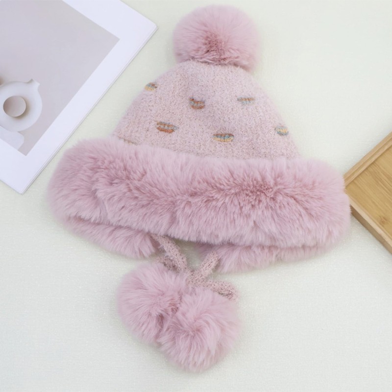 Women's Pink Sherpa Ponytail Beanie with Ear Flaps and Pompoms