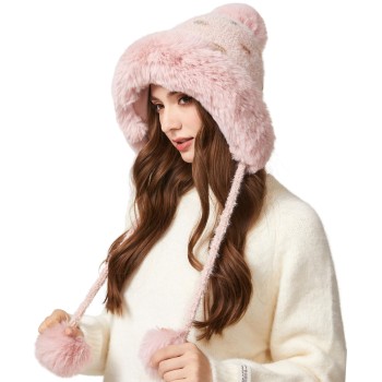 Women’s Winter Pink Sherpa Ponytail Beanie – Fleece-Lined Ear Flap Ski Hat with 3 Pompoms