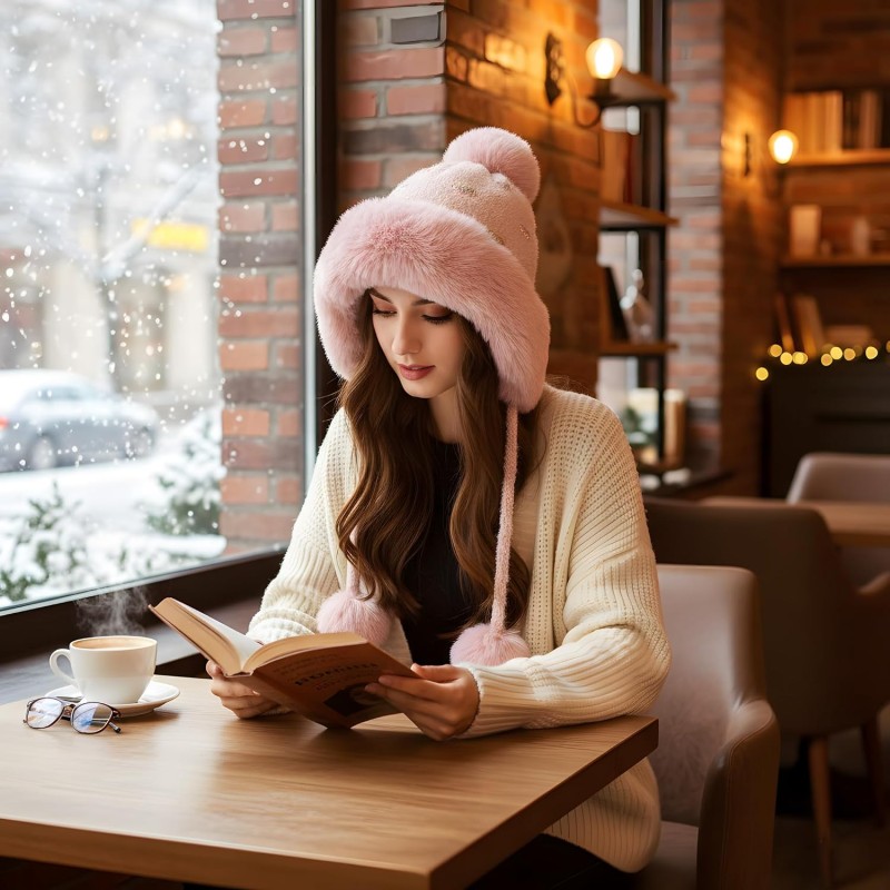 Women's Pink Sherpa Ponytail Beanie with Ear Flaps and Pompoms