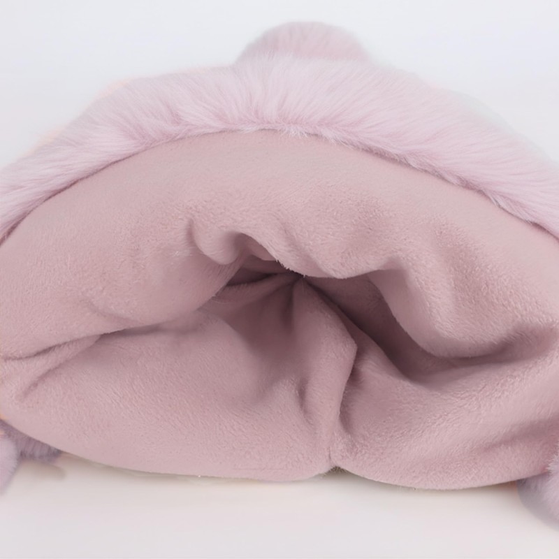 Women's Pink Sherpa Ponytail Beanie with Ear Flaps and Pompoms