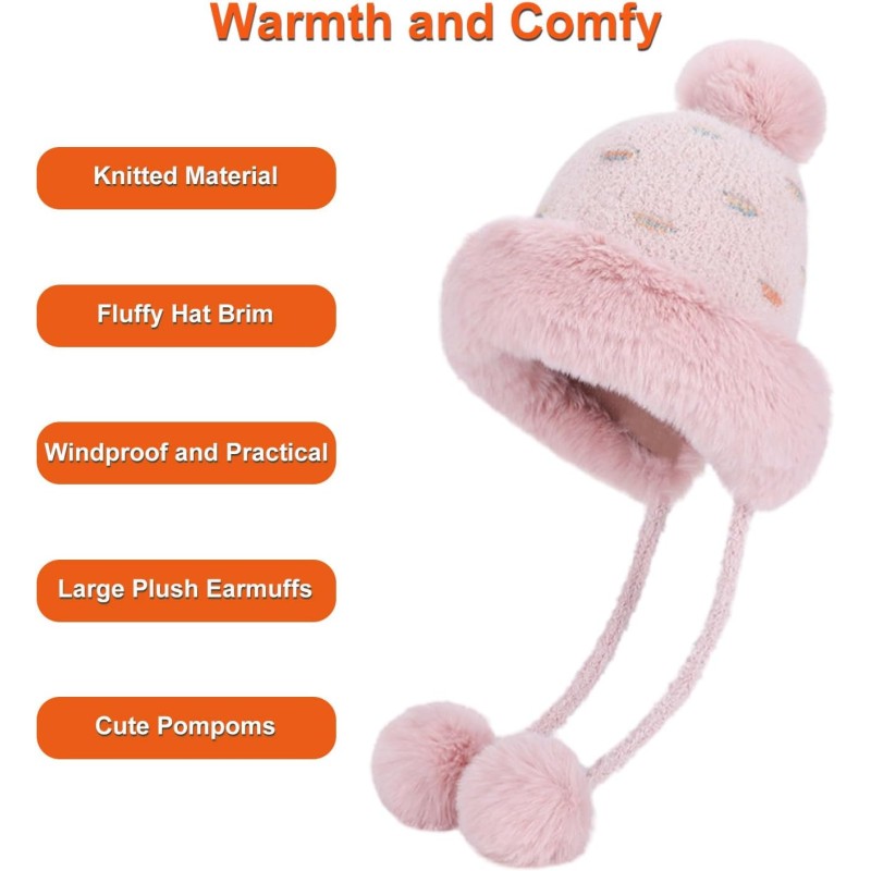 Women's Pink Sherpa Ponytail Beanie with Ear Flaps and Pompoms