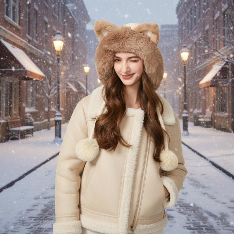 Women's Beige Fleece Lined Ponytail Beanie with Ear Flaps