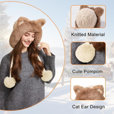 Women's Beige Fleece Lined Ponytail Beanie with Ear Flaps