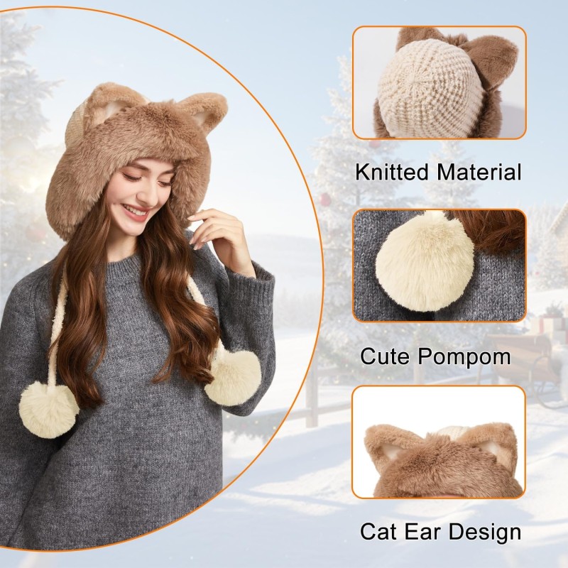 Women's Beige Fleece Lined Ponytail Beanie with Ear Flaps