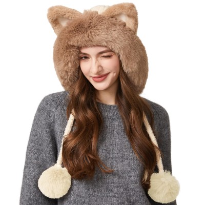 Women's Beige Fleece Lined Ponytail Beanie with Ear Flaps