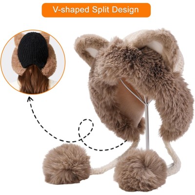 Women's Beige Fleece Lined Ponytail Beanie with Ear Flaps