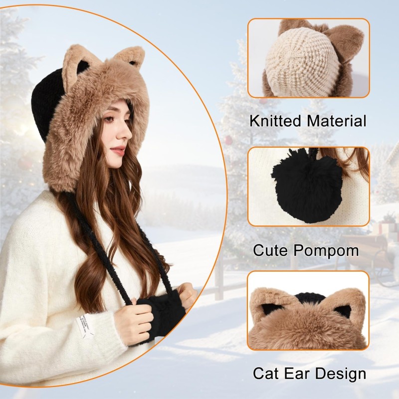 Women’s Winter Ponytail Beanie Ski Hat Women’s winter ponytail beanie knit ear flap fleece lined peruvian ski hat black with khaki ears