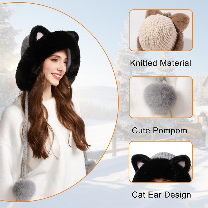 Women's Gray Peruvian Ear Flap Ponytail Beanie with Sherpa Fleece Lining