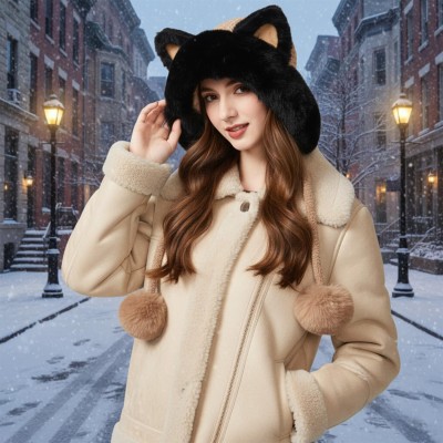 Women's Khaki Fleece Lined Ponytail Beanie Ski Hat with Ear Flaps
