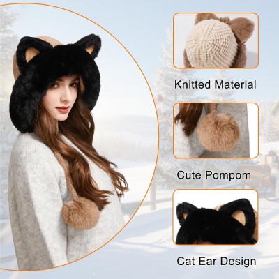 Women's Khaki Fleece Lined Ponytail Beanie Ski Hat with Ear Flaps