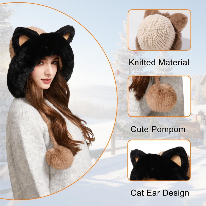Women's Khaki Fleece Lined Ponytail Beanie Ski Hat with Ear Flaps