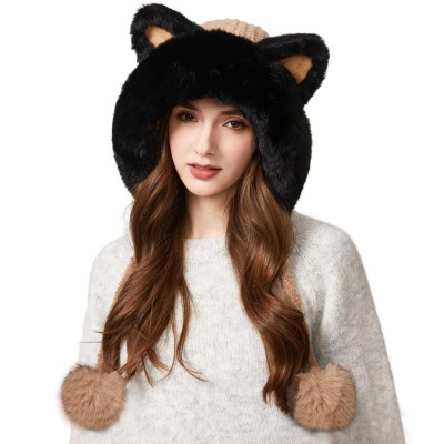 Women's Khaki Fleece Lined Ponytail Beanie Ski Hat with Ear Flaps