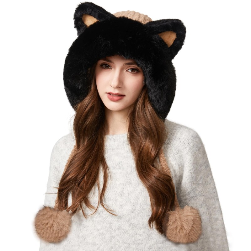 Women's Khaki Fleece Lined Ponytail Beanie Ski Hat with Ear Flaps