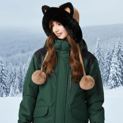 Women's Khaki Fleece Lined Ponytail Beanie Ski Hat with Ear Flaps