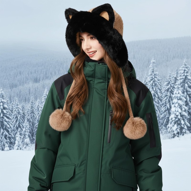 Women's Khaki Fleece Lined Ponytail Beanie Ski Hat with Ear Flaps