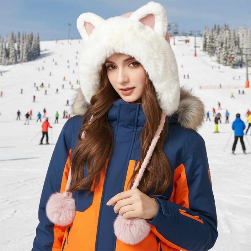 Women's Pink Winter Sherpa Beanie with Ear Flaps and Ponytail Hole for Skiing