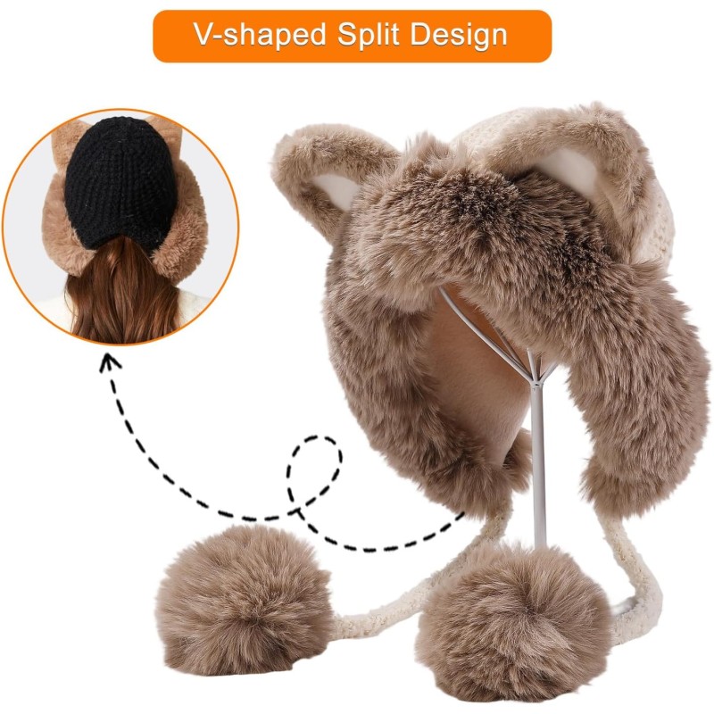 Women's Pink Winter Sherpa Beanie with Ear Flaps and Ponytail Hole for Skiing
