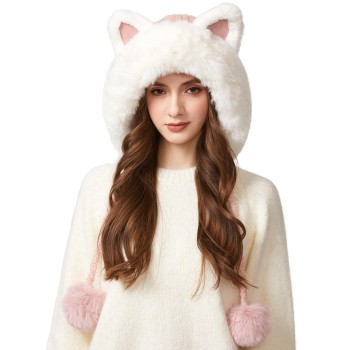 Women's Pink Winter Sherpa Beanie – Fleece Lined Ponytail Hat with Ear Flaps for Ski Warmth