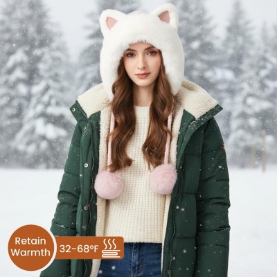 Women's Pink Winter Sherpa Beanie with Ear Flaps and Ponytail Hole for Skiing