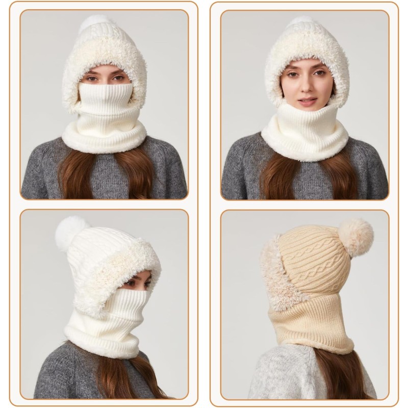 Women's Cream White Fleece Lined Knitted Balaclava Hooded Beanie Women's cream white fleece lined knitted balaclava hooded beanie for winter
