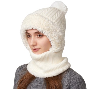 Women’s Cream White Fleece Lined Knitted One Piece Balaclava Hooded Beanie Winter Cold Weather