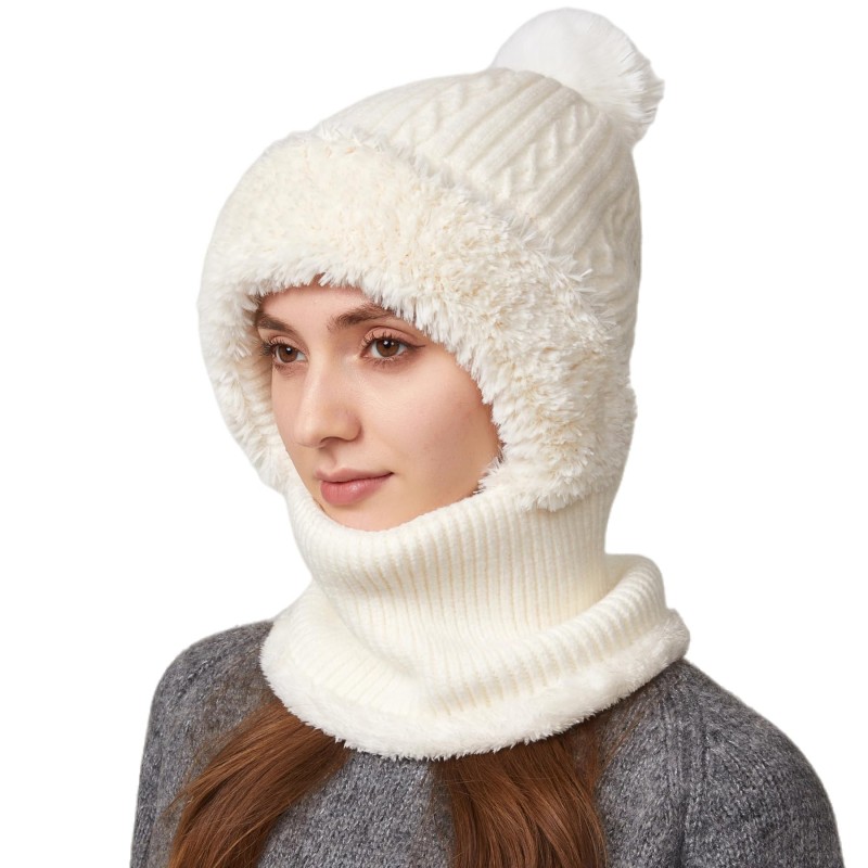 Women's Cream White Fleece Lined Knitted Balaclava Hooded Beanie Women's cream white fleece lined knitted balaclava hooded beanie for winter