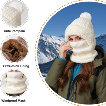 Women’s Cream White Fleece Lined Knitted One Piece Balaclava Hooded Beanie Winter Cold Weather