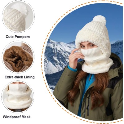 Women's Cream White Fleece Lined Knitted Balaclava Hooded Beanie Women's cream white fleece lined knitted balaclava hooded beanie for winter