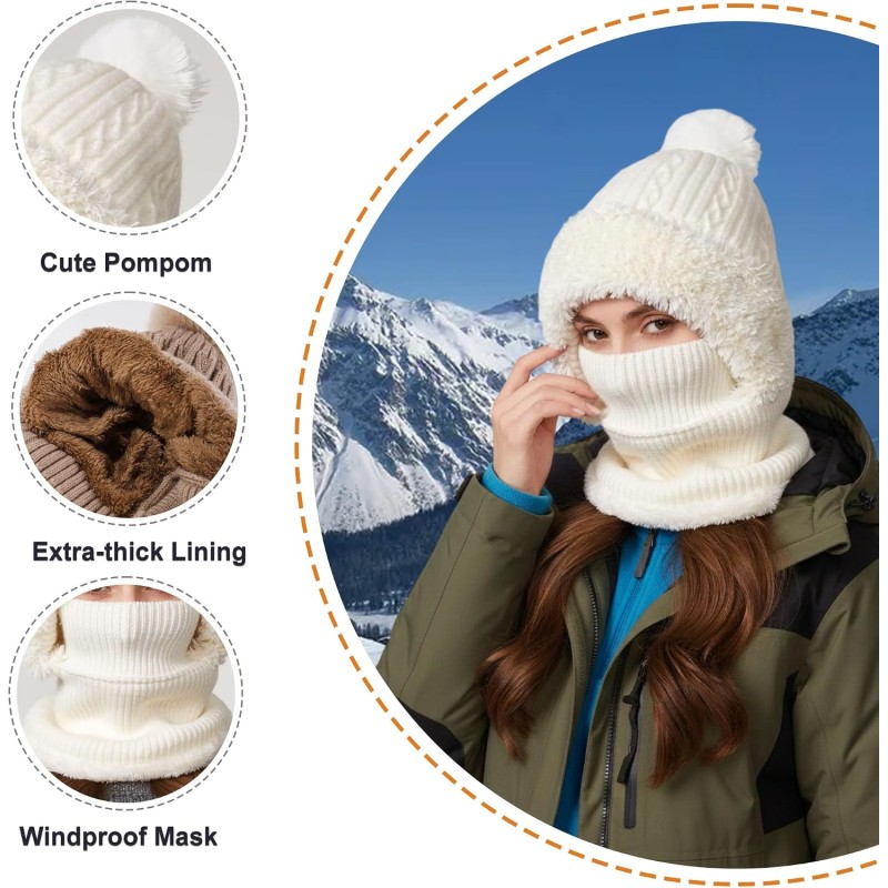 Women's Cream White Fleece Lined Knitted Balaclava Hooded Beanie Women's cream white fleece lined knitted balaclava hooded beanie for winter