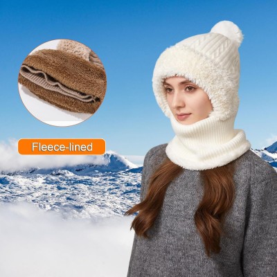 Women's Cream White Fleece Lined Knitted Balaclava Hooded Beanie Women's cream white fleece lined knitted balaclava hooded beanie for winter