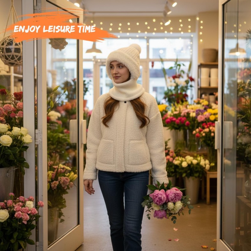 Women's Cream White Fleece Lined Knitted Balaclava Hooded Beanie Women's cream white fleece lined knitted balaclava hooded beanie for winter