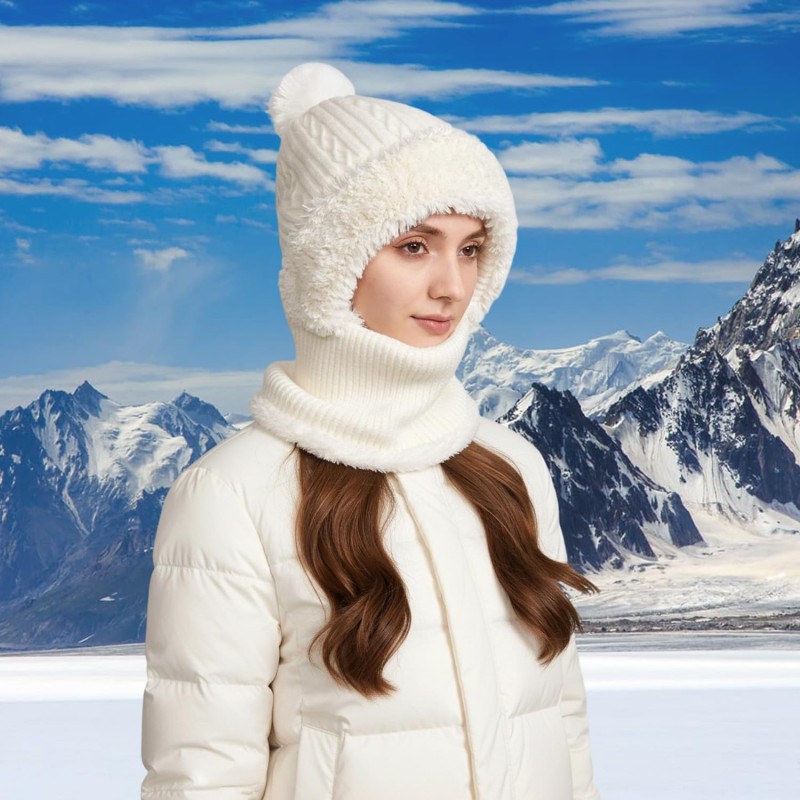 Women's Cream White Fleece Lined Knitted Balaclava Hooded Beanie Women's cream white fleece lined knitted balaclava hooded beanie for winter
