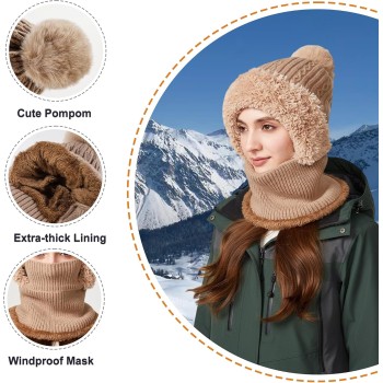 Women's Fleece Lined Knitted Hooded Balaclava One Piece Cold Weather Neck Warmer Khaki Solid
