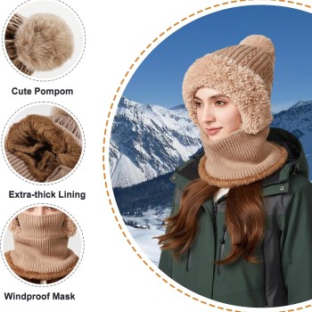 Women's Fleece Lined Knitted Hooded Balaclava One Piece Cold Weather Neck Warmer Khaki Solid Women's Fleece Lined Knitted Hooded Balaclava One Piece Cold Weather Neck Warmer Khaki Solid