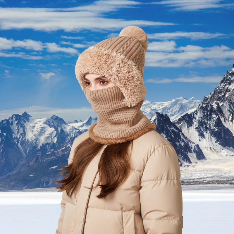 Khaki Fleece Lined Knitted Hooded Balaclava One Piece