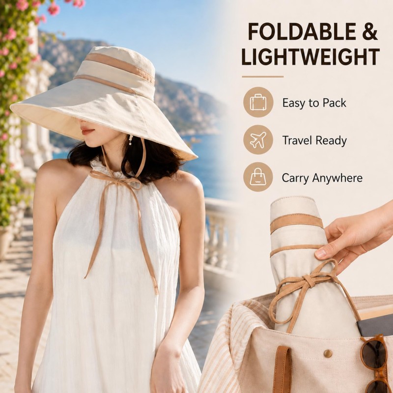 Beige Women's 2-in-1 Adjustable Wide Brim UV Protection Sun Hat for Hiking, Safari, Garden