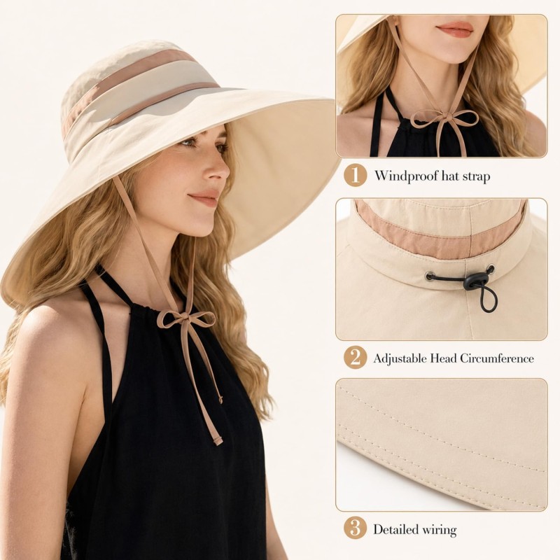Beige Women's 2-in-1 Adjustable Wide Brim UV Protection Sun Hat for Hiking, Safari, Garden