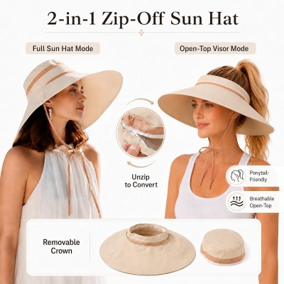 Beige Women's 2-in-1 Adjustable Wide Brim UV Protection Sun Hat for Hiking, Safari, Garden
