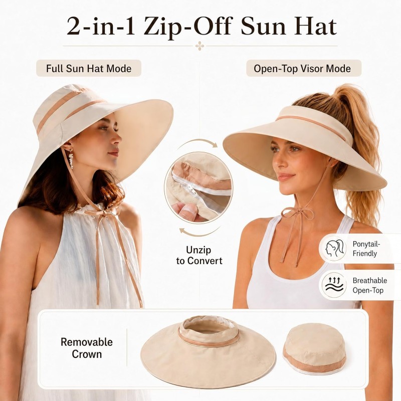 Beige Women's 2-in-1 Adjustable Wide Brim UV Protection Sun Hat for Hiking, Safari, Garden