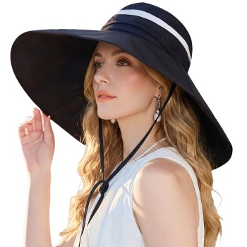 Women’s 2-in-1 Wide Brim UV Protection Bucket Sun Hat, Detachable Crown for Hiking Garden Safari, Black