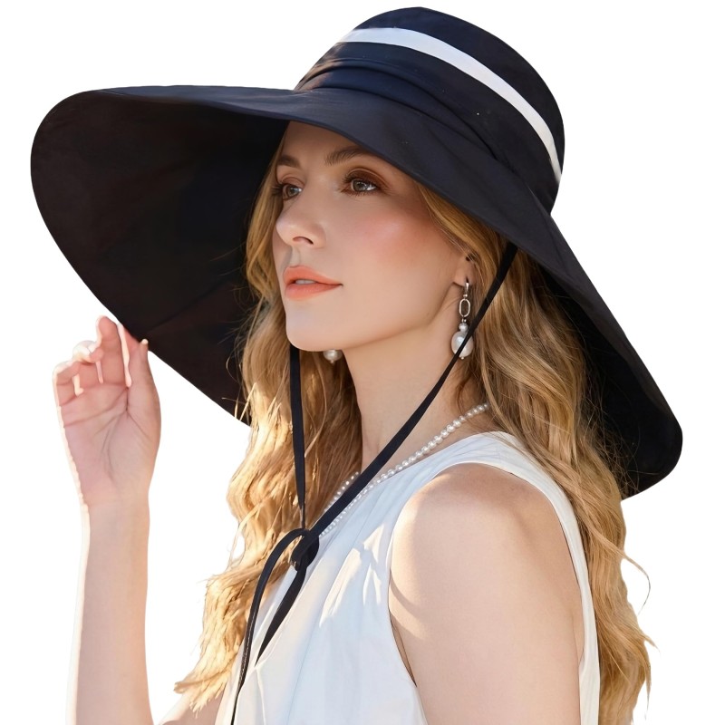 Women’s 2-in-1 Wide Brim UV Protection Bucket Sun Hat (Black) Women's black 2-in-1 UV protection bucket sun hat with detachable crown for hiking, garden, and safari